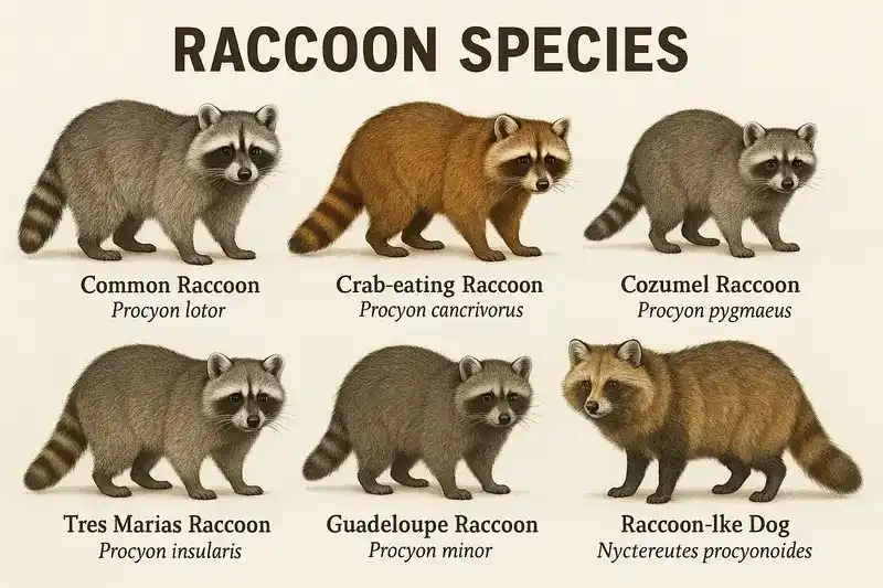 Three different types of raccoons, raccoon species